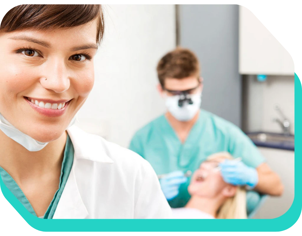 Dental assistant with dentist clinical setting